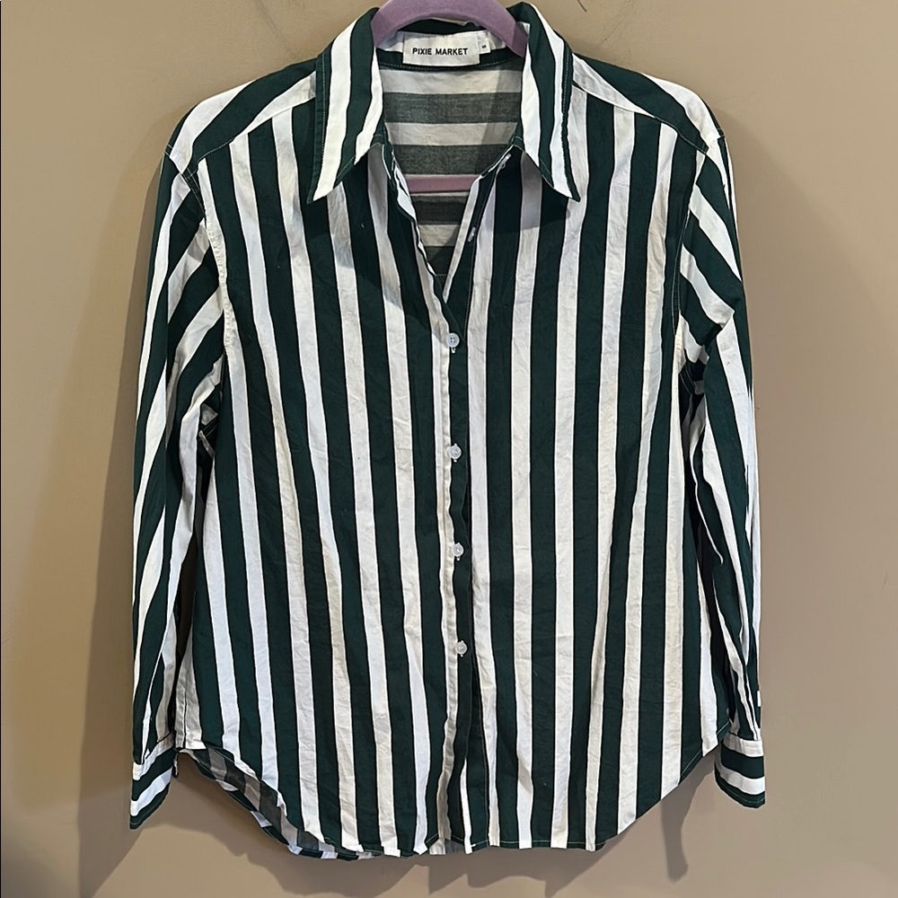 Pixie Market Green And White Striped Button-Up Sh… - image 1